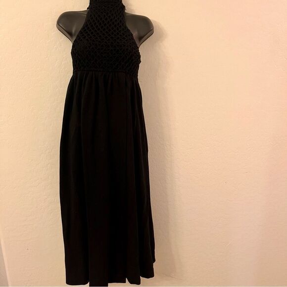 Vintage 60s Traina Boutique Black Wool Fishnet Moc Neck Wrap Maxi Dress LGWA 2